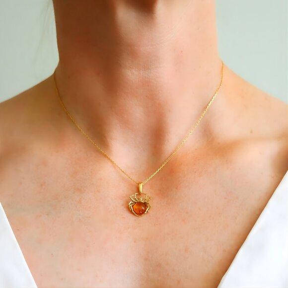 Gold Spider Amber Necklace -14k Gold Plated Sterling Silver - Picture 4 of 4